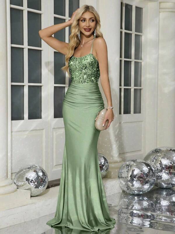 SHEIN Belle Sequin Patchwork Suspender Backless Waist High Waisted Pleated Wrap Hip Skirt Ball Dress Grad Dress Maxi Women Dresses, Women Party Dresses Women's Formal Dress Women Formal Dress Women Formal Long Dress Women Dresses,Vacation Outfits Woman,Mermaid Skirt,Sexy And Charming S Dress