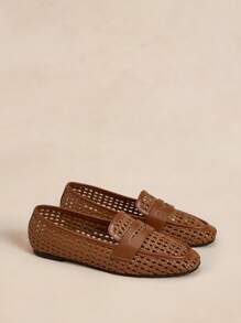 Rosivie Chaussures d'été décontractées respirantes et tissées pour femmes, ajourées, à la mode, confortables, simples, plates et à bout carré