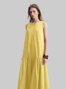Ontre Vestido largo sin mangas de cuello redondo para mujer, estilo retro, amarillo, uso diario casual, vestido maxi sin camisa de unicolor minimalista, Vestido de vacaciones