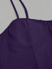 Sweetra 大码优雅纯色细肩带束腰浪漫迷你连衣裙 - 紫色 - 查看 3