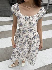 Vital Girl Must-Have! Lightweight Woven Fabric Gorgeous Floral Print Dress For Summer, Fitted Silhouette With Flowy Skirt, Embodies Girls' Unique Personalized, Suitable For Outings, Gatherings And Vacations