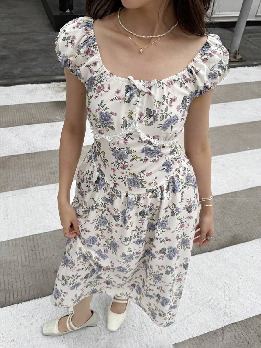 Vital Girl Must-Have! Lightweight Woven Fabric Gorgeous Floral Print Dress For Summer, Fitted Silhouette With Flowy Skirt, Embodies Girls' Unique Personalized, Suitable For Outings, Gatherings And Vacations