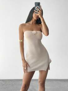 Firerie 3D Floral Decor Fitted Knit Mini Dress - Dusty Pink - View 5