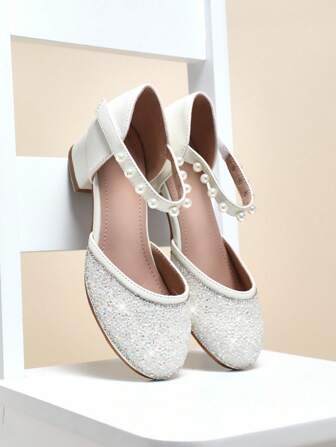 Mini mi Sweetcore Girls Pärldetalj Ankelrem Glittriga Beige Blockklackade Finskor – Eleganta Glittriga Låga Klackar Med Glittriga Strass För Bröllop, Fester, Festtävlingar och Speciella Tillfällen
