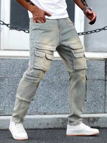 Manfinity LEGND 男士时尚休闲水洗多口袋修身牛仔裤 - 淺色水洗藍 - 查看 5
