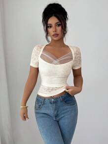 Elenzga Women Muscle Fabric Contrast Mesh Knit Short Sleeve T-Shirt - Apricot - View 4