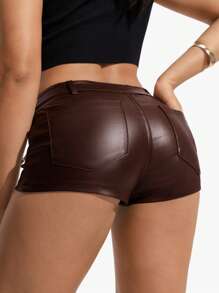 Jeanoix Women's Solid Color PU Leather Zipper Designed Skinny Fashionable Shorts