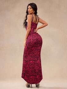 Shutterstock Glamance Sexy Off-Shoulder Ruffled Elegant Lace Leopard Print Red Maxi Dress For Women Suitable For Ball Party Country Concert Outfit Western Wear Women Club Outfits Women Sexy Going Out Dress Streetwear Women Grunge Punk Y2K 2000s Back To School Date Night Outfits Women - Red - View 3