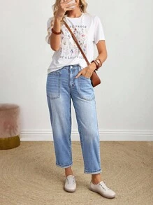 EMERY ROSE Women Pocket Design Casual Loose Fit Tapered Jeans Mom Jeans Boyfriend Jeans Loose Jeans Baggy Jeans - Light Wash - View 8