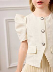 Young Girl Elegant Urban Pleated Short Sleeve Dress, Apricot Color - Apricot - View 3