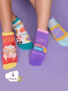 FRIENDS X SHEIN 4 pares de calcetines casuales para mujer suaves, transpirables y que absorben la humedad - Calcetines cortos coloridos y de moda, reforzados en el dedo del pie y el talón para mayor durabilidad, todo a juego para todas las estaciones