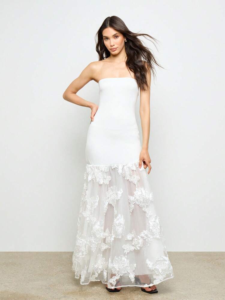 Long Strapless Floral Lace Maxi Dress