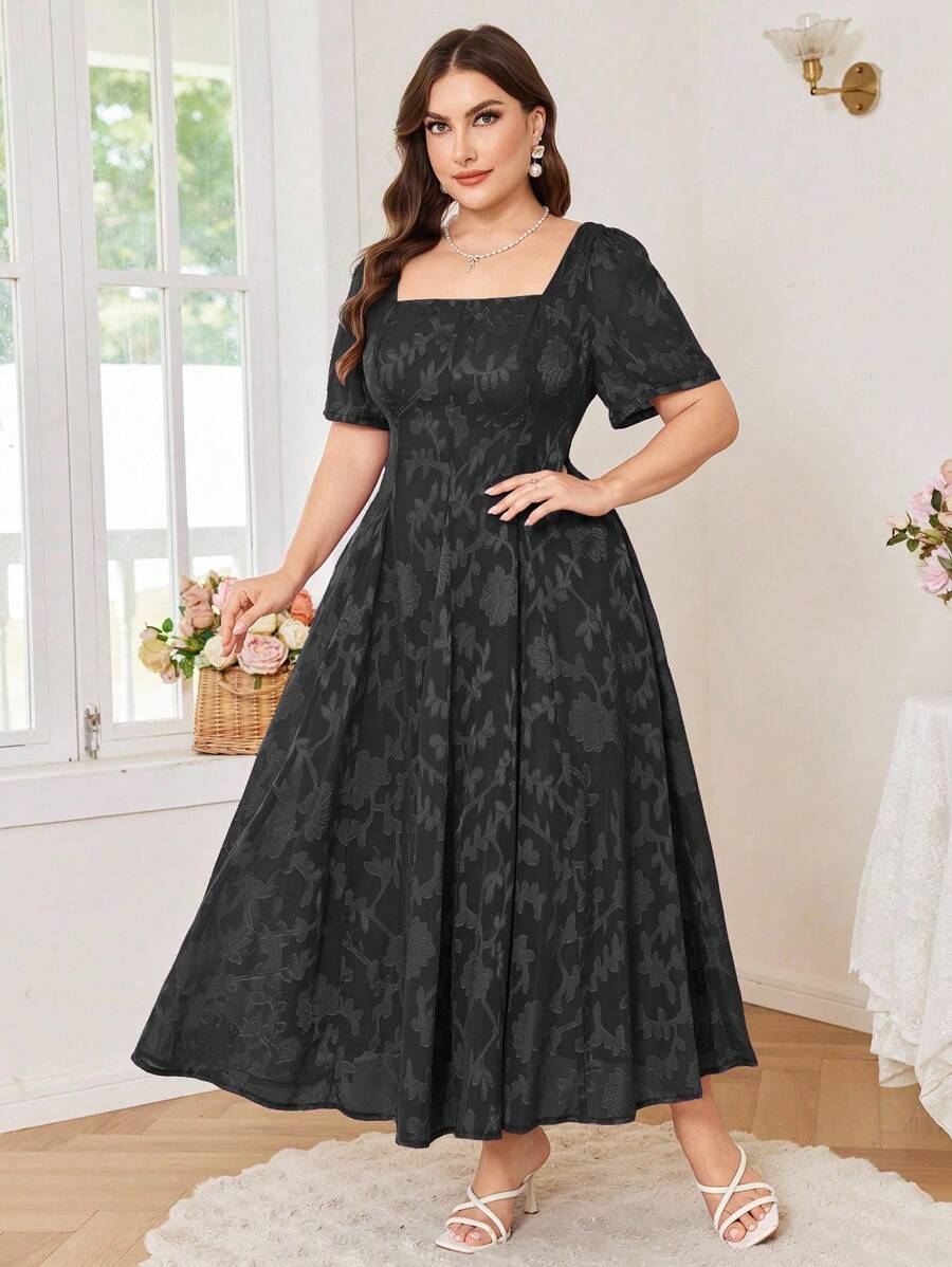 Modelyn 优雅雪纺提花方领短袖 A 字中长连衣裙，大码，春夏 - 黑色 - 查看 1