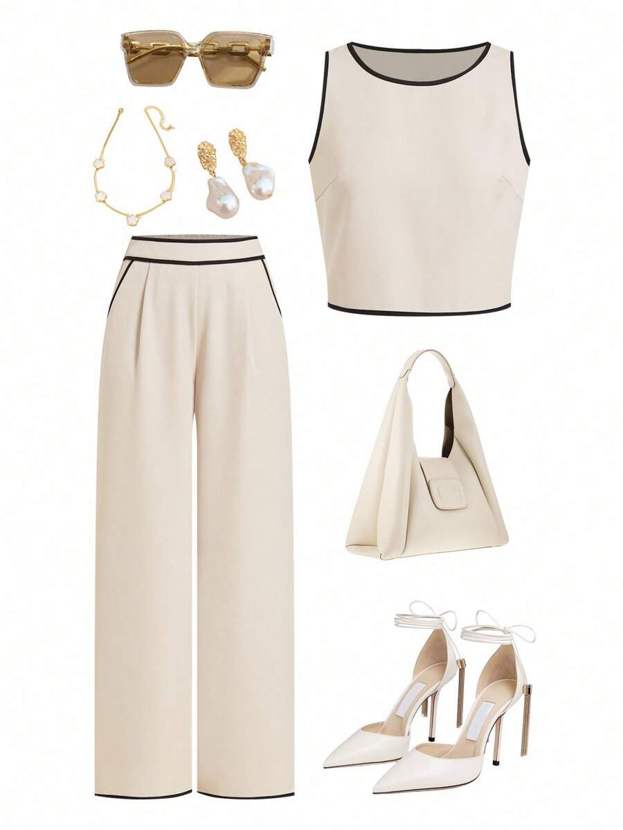 Ellevyn 2pcs/Set Women Summer Casual Contrast Binding Tank Top And Loose Wide-Leg Pants With Oblique Pockets - Apricot - View 1