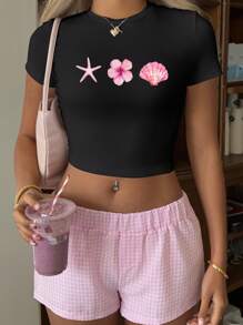 Aloruh 休闲简约海星花贝壳图案圆领短袖短款修身女式T恤，适合夏季