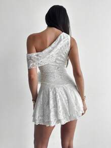 Firerie Asymmetrical Neck Cinched Waist Romantic Floral A-Line Lace White Mini Dress, Elegant For Dates, Parties, Vacations - White - View 3