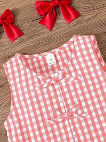 SHEIN 2pcs Young Girl Woven Plaid Sleeveless Top And Shorts Set - Pink - View 5