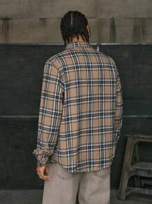 AXEPEAK 男士格子印花口袋拼接法兰绒长袖衬衫，秋季款 - 彩色 - 查看 2