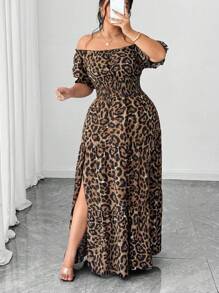 Elenzga Váy maxi hở vai thanh lịch thường ngày màu xanh denim trơn dành cho nữ cỡ lớn, xuân/hè - màu nâu - Xem 7