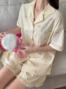 DAZY Women Bow Pattern Allover Print T-Shirt And Shorts Pajama Set