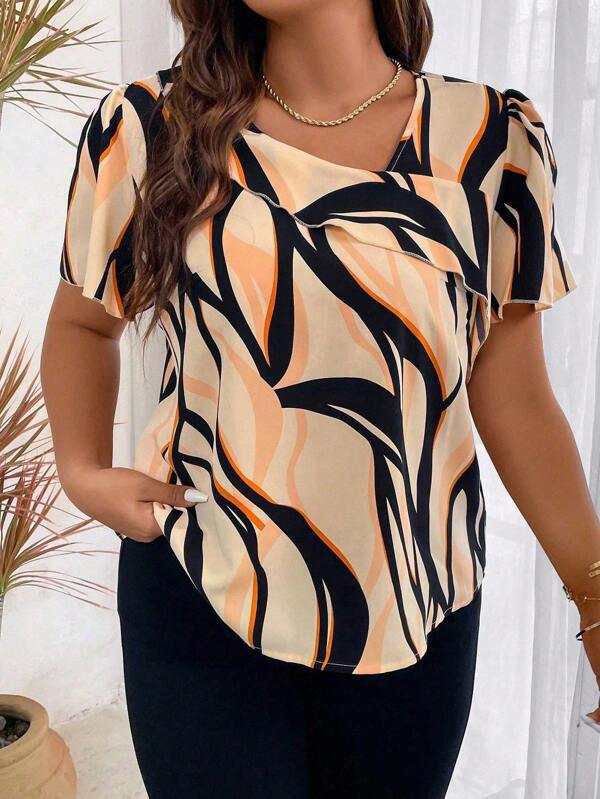 SHEIN Plus Size Summer Casual All-Over Print Asymmetric Collar Shirt