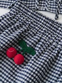 2pcs/Set Plus Size Women 3D Floral Decor Plaid Front Tie Sleeveless Shirt And Shorts Set - Blue - View 4