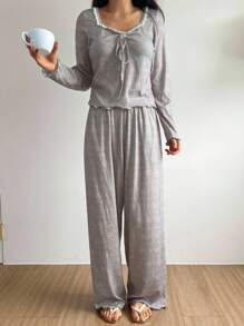 DAZY Sweet Lace Patchwork Bowknot Allover Print Ruched Wave Hem Pajama Set, Fall Clothes - Grey - View 4