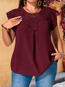 EMERY ROSE Plus Size Women Water-Soluble Lace Tunic Tops Dressy Blouses , Vacation Summer,Going Out Tops,Teacher Shirts