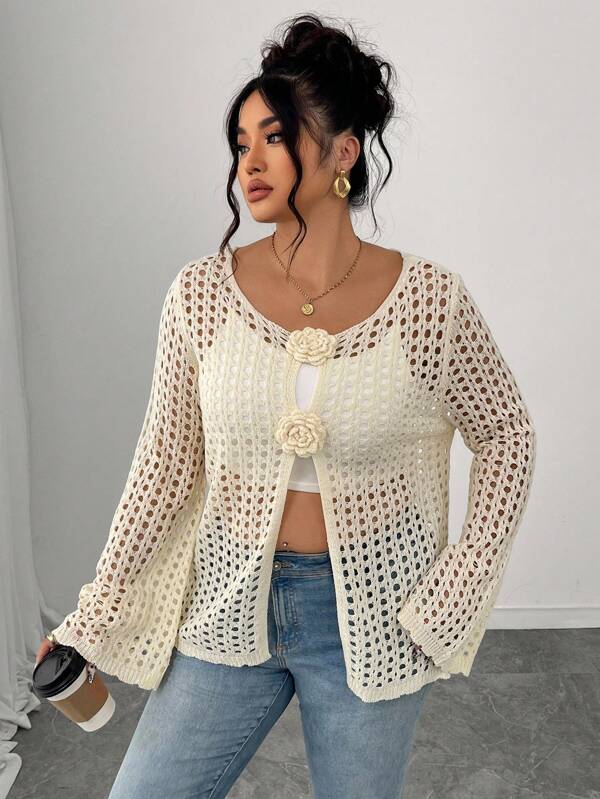 Elenzga Cream-Colored Crochet Cropped Cardigan, Encountering Romantic Spring