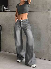 RueChic 100%纯棉女式低腰浅蓝色水洗直筒宽松牛仔裤