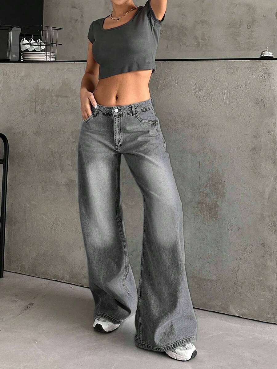 RueChic 100%纯棉女式低腰浅蓝色水洗直筒宽松牛仔裤