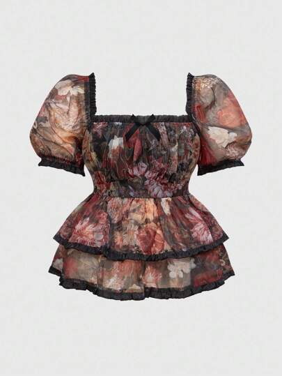 ROMWE Avant Blouse vintage romantique à fleurs en organza pour femmes grandes tailles