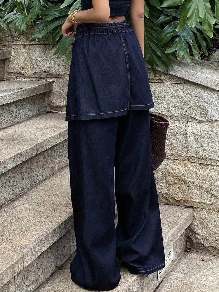 Women's Summer Casual Loose Wide Leg Jeans 2-Piece Set, Bandeau Top & Pants