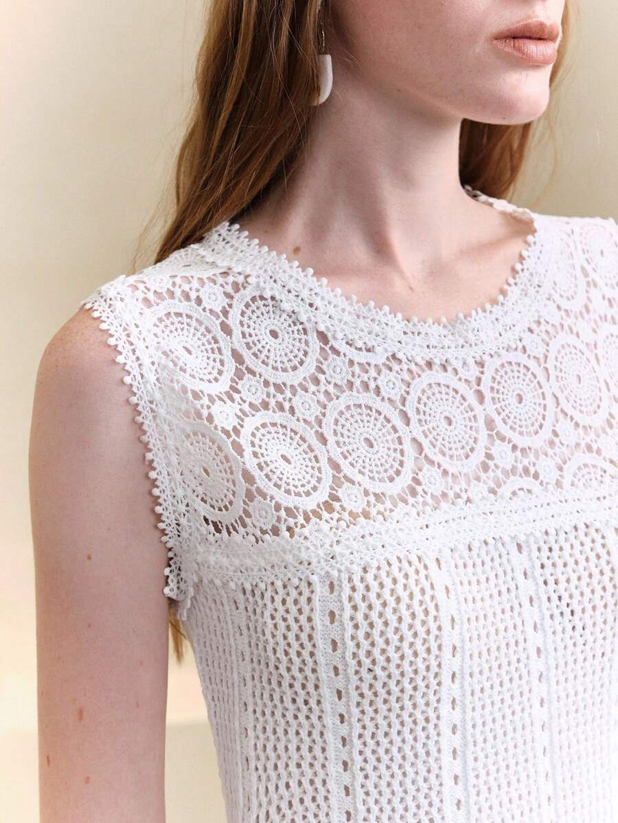 EMERY ROSE Women's Crochet Lace Patchwork Sleeveless Fitted Knit Mini Dress,Vacation Outfits Woman,Beach Outfits For Woman,Sun Dress,Hawaii Outfits Women,Summer Clothes Women,Dresses For Women Casual,Sexy Dresses For Women,Cruise Women Outfits,Beach Clothes,Resort Wear Women,White Dress - White - View 1