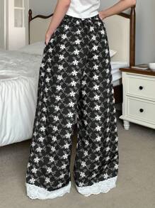 DAZY 女式花卉印花撞色孔眼刺绣睡裤，度假风格，秋季