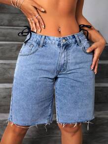 SHEIN CURVE+ Quần short denim nữ cỡ lớn có túi và cúc, kiểu dáng thường ngày, đa năng. - Màu xanh lam - Xem 3