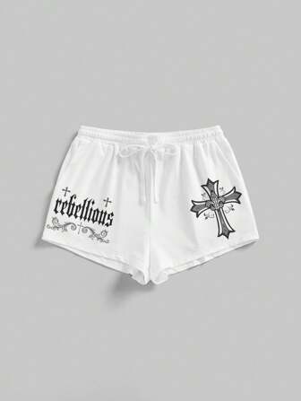 Goth Goth Kreuz Slogan Schwarz Muster Damen Shorts