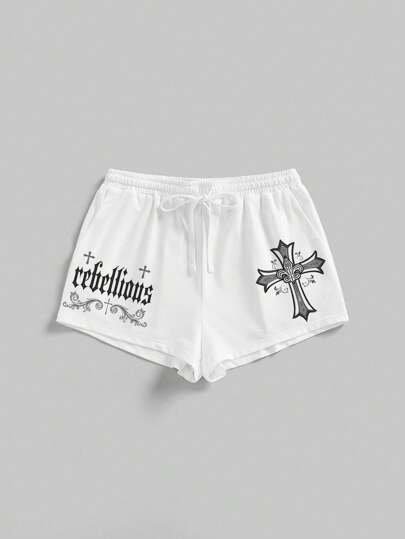 Goth Shorts da donna neri con stampa di slogan a croce goth