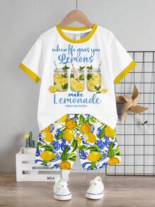 LEMON, LEMONADE, VACATION, HOLIDAY, FAMILY TRIP, MOMMY DADDY AND ME, Kids' Choice Collection, Everyday Basic, Happy Kids, Pastel Colors For Kids, Bikercore, Family Trip, Happy Days, I Love Mommy, I Love Daddy, Lovely Home, Cool Kids, Young Boy Casual Minimalist Round Neck Short Sleeve T-Shirt And Shorts 2 Pieces Set, Suitable For Summer