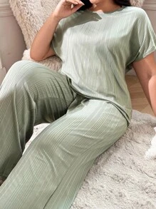 SHEIN Ribbed Soft & Skin-Friendly Casual Homewear Pajamas Set, Plus Size, Outfits - Green - View 1