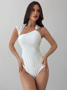 Firerie Asymmetric Shoulder Cross Ruched Backless Bodysuit With Metal Hardware Decor, Elegant Daily Office Wear, Summer & All Season - White - View 4