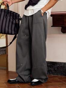 SWAVVY Quần ống đứng lưng thun co giãn màu trơn dáng rộng thoải mái thường ngày cho nam - Màu xám đen - Xem 4