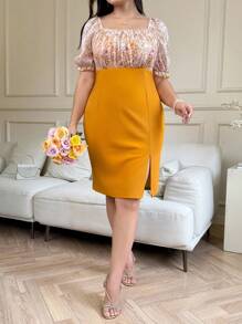 SHEIN Clasi Vestido midi elegante de talla grande para mujer con mangas raglán, bajo con abertura lateral y estampado floral ditsy patchwork