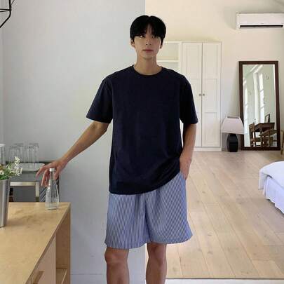 남성용 여름 솔리드 컬러 티셔츠와 스트라이프 반바지 세트