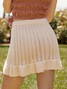WESTFADE Apricot,Autumn,Boho,Picnic,Holiday Mix Stitch Rib Knit & Pointelle Drawstring Waist Tassel Bow Tie Front Ruffle Tiered Fitted Mini Skirt Cowgirl Beach - Apricot - View 5