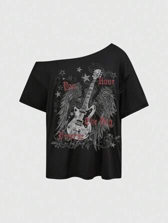 Goth Camiseta básica de corte asimétrico en el cuello con estampado de guitarra y estrella, estilo casual para usar en la calle, apropiado para festivales de música, talla grande para verano