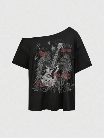 Goth Camiseta básica de corte asimétrico en el cuello con estampado de guitarra y estrella, estilo casual para usar en la calle, apropiado para festivales de música, talla grande para verano
