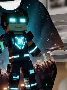 SHEIN 青少年男孩休闲酷炫经典卡通像素立方体未来战士角色印花圆领短袖 T 恤，适合夏季