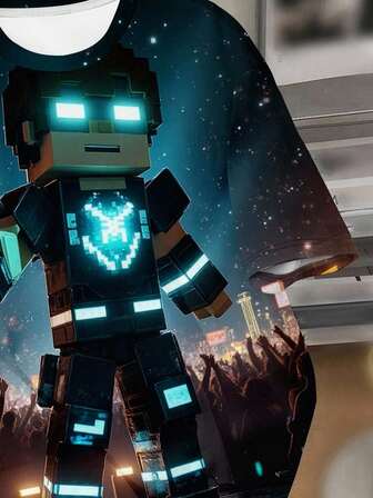 SHEIN Tween Boy Casual Cool Classic Cartoon Pixel Cube Future Warrior Character Print Round Neck Short Sleeve T-Shirt, Suitable For Summer