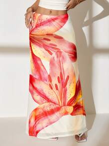 SHEIN PETITE Knitted Mesh Printed Low-Rise Fitted Fishtail Skirt For Women - Multicolor - View 3